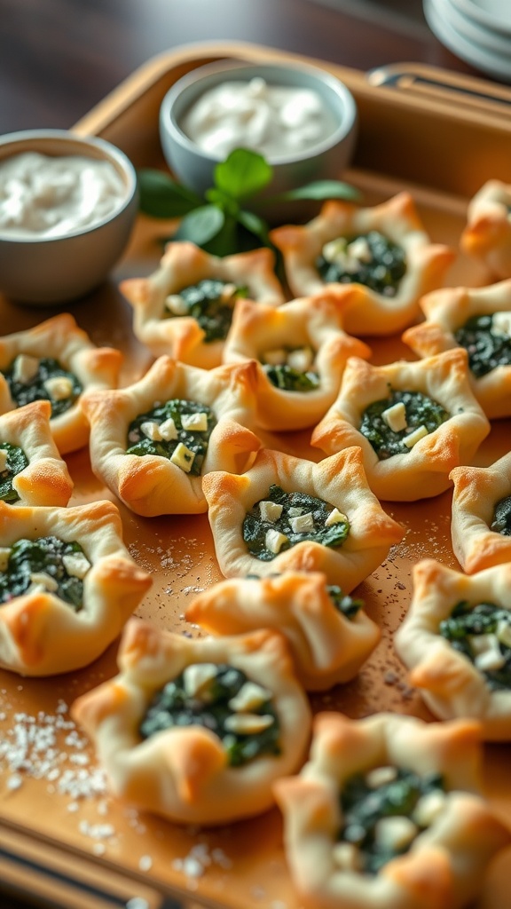 Flaky spinach and feta puff pastry bites on a tray with a creamy dip.